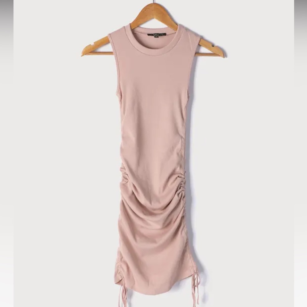 Lulus ribbed drawstring ruched bodycon dress in dusty pink - Picture 5 of 9
